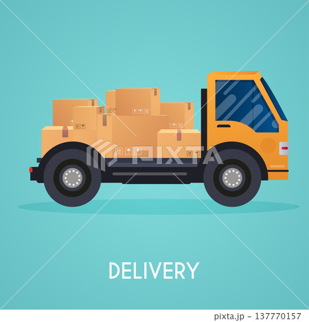 Moving truck and cardboard boxes. Moving House. Transport company.  Flat design style modern vector illustration concept. 137770157