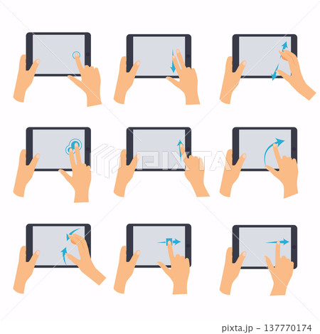 Hands holding a tablet touch computer gadget. Hand icons showing commonly used multi-touch gestures for touchscreen tablets. Flat design modern vector business concept. Hands holding a tablet touch computer gadget. Hand icons showing commonly used multi-touch gestures for touchscreen tablets. Flat design modern vector business concept. 137770174