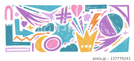 Colorful crayon abstract backgrounds with hand-sketched figures, stars, and organic shapes perfect for funky collage and retro Y2K graphic designs. Vector kindergarten or school stickers shapes bg Colorful crayon abstract backgrounds with hand-sketched figures, stars, and organic shapes perfect for funky collage and retro Y2K graphic designs. Vector kindergarten or school stickers shapes bg 137770241