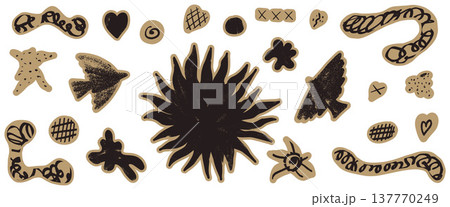 Scrapbook bird and sun with tactile folk crayon texture for paper collage. Naive dove shapes and starburst with rope ornament details in dark. Vector folklore set with tactile cut bird paper elements Scrapbook bird and sun with tactile folk crayon texture for paper collage. Naive dove shapes and starburst with rope ornament details in dark. Vector folklore set with tactile cut bird paper elements 137770249