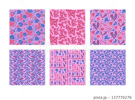 Bold pin and blue garden lush seamless pattern collection with botanical leaves. Plant foliage endless background vector set for textile and wallpaper. Seamless surface with summer leaves floral motif Bold pin and blue garden lush seamless pattern collection with botanical leaves. Plant foliage endless background vector set for textile and wallpaper. Seamless surface with summer leaves floral motif 137770276