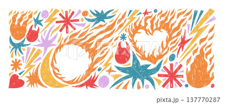 Crayon fire punk doodles elements set. Funky grunge texture flames handmade. Doodle fireball and burned heart icons. Scribbles pastel oil stickers collage. Vector naive simple scribble elements bg Crayon fire punk doodles elements set. Funky grunge texture flames handmade. Doodle fireball and burned heart icons. Scribbles pastel oil stickers collage. Vector naive simple scribble elements bg 137770287