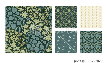 Garden lush seamless pattern collection with botanical leaves on dark green. Plant foliage endless background vector set for textile and wallpaper. Seamless surface with summer leaves and floral motif 137770295