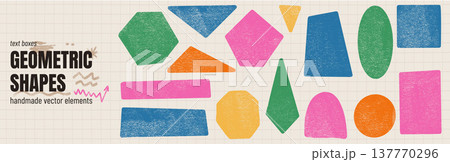 Colorful school geometry shapes with crayon texture and ink grunge frame. Geometric shape set on grid background with triangle, hexagon and circle. Handmade school vector elements for sticker and tag Colorful school geometry shapes with crayon texture and ink grunge frame. Geometric shape set on grid background with triangle, hexagon and circle. Handmade school vector elements for sticker and tag 137770296