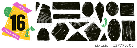 Geometric shapes with heavy wax crayon and striped ink texture on white. Square shapes with brush frame with hexagon, oval and arch. Bold handmade vector rectangle sticker elements for grunge design 137770300