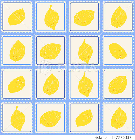 Trinket citrus seamless pattern in blue postage stamp grid on cream. Italian fruit tile in dense seamless trinket arrangement for summer print. Floral lemon vector for textile and mediterranean aop Trinket citrus seamless pattern in blue postage stamp grid on cream. Italian fruit tile in dense seamless trinket arrangement for summer print. Floral lemon vector for textile and mediterranean aop 137770332