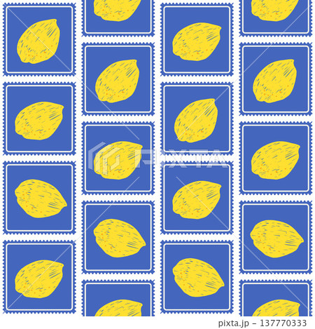 Seamless lemon pattern in bold blue postage stamp frame for summer print. Italian fruit and floral motifs in a seamless pattern of trinket stamp tiles. Coastal vector for kitchen decor and aop textile Seamless lemon pattern in bold blue postage stamp frame for summer print. Italian fruit and floral motifs in a seamless pattern of trinket stamp tiles. Coastal vector for kitchen decor and aop textile 137770333
