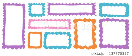Scallop edged rectangle frames. Organic kindergarten wavy abstract geometric text boxes. Curved zigzag blank square borders set. Vector callouts and promo badges isolated on transparent background Scallop edged rectangle frames. Organic kindergarten wavy abstract geometric text boxes. Curved zigzag blank square borders set. Vector callouts and promo badges isolated on transparent background 137770337