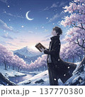 満月の夜にタブレット端末で本を読む男性 137770380