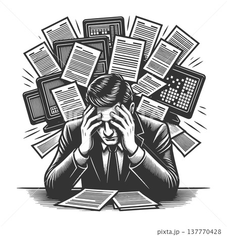 Overwhelmed Businessman Buried Under Paperwork Overwhelmed Businessman Buried Under Paperwork 137770428