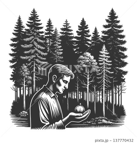 Man Holding Small Tree Seedling In Forest vector Man Holding Small Tree Seedling In Forest vector 137770432