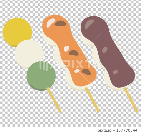 A set of illustrations of three-color dango, mitarashi dango, and koshian dango. 137770544