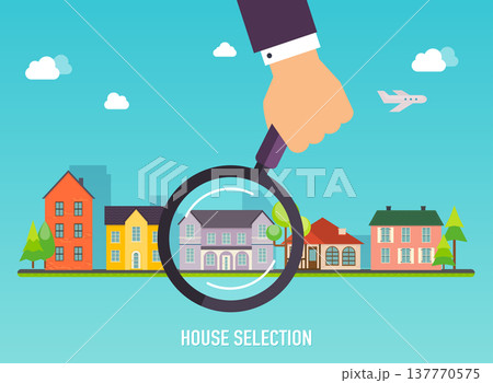 House selection. Magnifying glass with house. Concept for web banners, websites, infographics. House selection. Magnifying glass with house. Concept for web banners, websites, infographics. 137770575