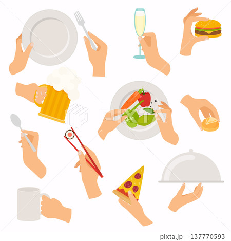 Flat design of hand icons set. Concept of hand hands hold different food and drink: beer, burger, bread, sushi, glass, salad, plate. Vector illustration. Flat design of hand icons set. Concept of hand hands hold different food and drink: beer, burger, bread, sushi, glass, salad, plate. Vector illustration. 137770593