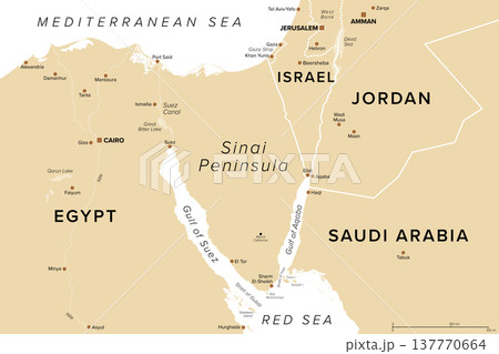 Sinai Peninsula region, Egypt, political map. Sinai, a continental land bridge between Asia and Africa. The Suez Canal, an artificial sea-level waterway, connects Mediterranean Sea and Red Sea. Vector Sinai Peninsula region, Egypt, political map. Sinai, a continental land bridge between Asia and Africa. The Suez Canal, an artificial sea-level waterway, connects Mediterranean Sea and Red Sea. Vector 137770664