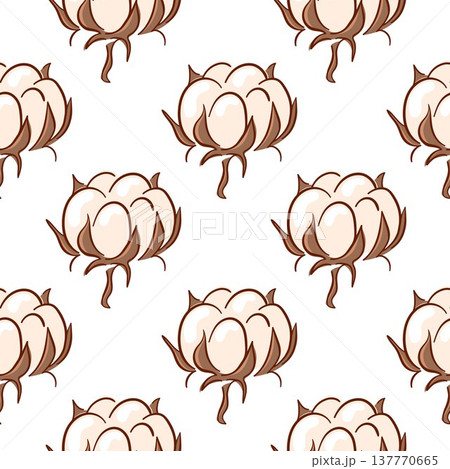 Seamless pattern with cotton boll in flat style. Perfect for textile print, organic fabric, wrapping paper and rustic design. Seamless pattern with cotton boll in flat style. Perfect for textile print, organic fabric, wrapping paper and rustic design. 137770665