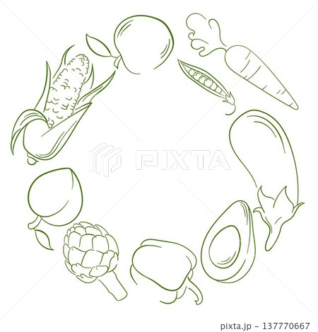 Wreath with line art style vegetable and fruit arranged in circle. Illustration background for healthy food menu, packaging and organic store design. 137770667