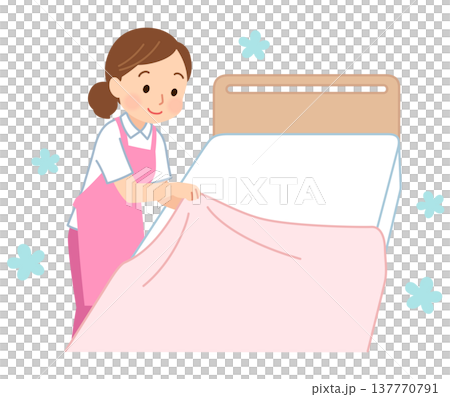 シーツ交換をする女性介護職　看護師　介護士 137770791