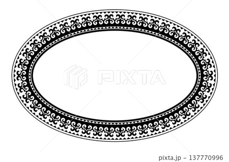 Oval decorative frame. Ethnic Asia ornament of the nomadic peoples of Asia, Kazakh, Kyrgyz, Mongol, Turkmen. Elegant element for design in Eastern style. Floral black border. For plate, embroidery. Oval decorative frame. Ethnic Asia ornament of the nomadic peoples of Asia, Kazakh, Kyrgyz, Mongol, Turkmen. Elegant element for design in Eastern style. Floral black border. For plate, embroidery. 137770996