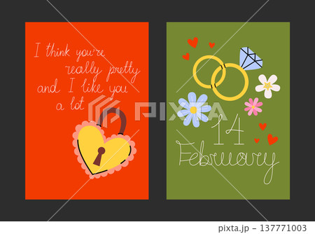 Set of romantic posters and postcards for Valentines Day in cartoon style. Printable designs with cute love lock and engagement rings. Decor for romance, holidays, weddings and celebrations. 137771003