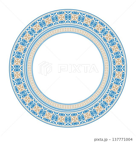 Oriental round porcelain plate with floral golden blue pattern. Ethnic Asia ornament of the nomadic peoples of Asia, Kazakh, Kyrgyz, Mongol. For round ceramic, textile, porcelain, plate, embroidery.  137771004
