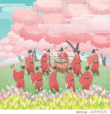 Joseon Dynasty Royal Court Musicians Parade Under Cherry Blossoms, Korean Traditional Music Procession in Spring Joseon Dynasty Royal Court Musicians Parade Under Cherry Blossoms, Korean Traditional Music Procession in Spring 137771171