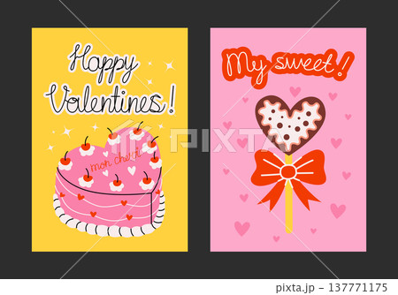 Romantic posters and postcards for Valentine's Day in cartoon style. Printable designs with cute hearts, cake in heart shape with cherry, lollipop with love letters with festive bow. Printable decor. 137771175