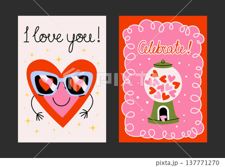 Colorful cute posters and postcards for Valentine's Day in cartoon style. Printable designs with cute heart character, gumball candy hearts. Decor for romance, holidays, weddings, celebrations, feasts Colorful cute posters and postcards for Valentine's Day in cartoon style. Printable designs with cute heart character, gumball candy hearts. Decor for romance, holidays, weddings, celebrations, feasts 137771270