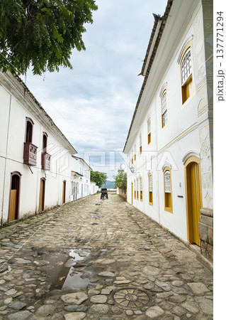 Vertical view of a colonial cobblestone street with horse carriage 137771294