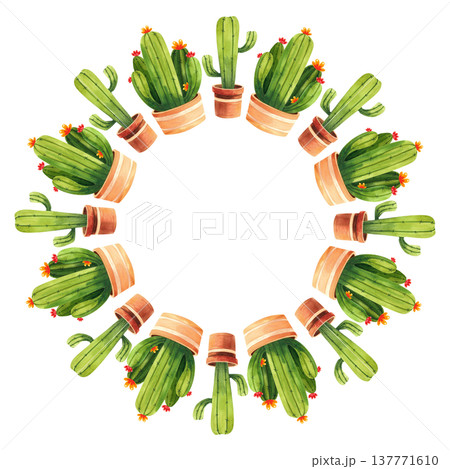 Round watercolor frame with green cacti in brown pots. Hand drawn illustration of indoor plants for decoration. Round watercolor frame with green cacti in brown pots. Hand drawn illustration of indoor plants for decoration. 137771610
