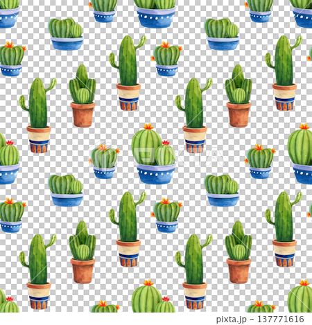 Seamless pattern with a variety of cacti and flowers in decorative patterned pots. Watercolor illustrations of houseplants for home and garden, decor, and fabrics. Seamless pattern with a variety of cacti and flowers in decorative patterned pots. Watercolor illustrations of houseplants for home and garden, decor, and fabrics. 137771616