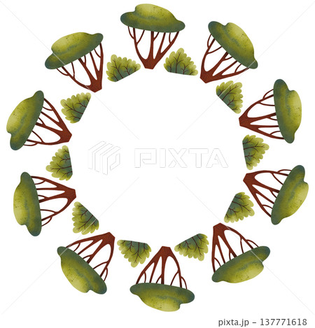Round frame with green trees and shrubs. Hand drawn watercolor illustration of lush foliage. Round frame with green trees and shrubs. Hand drawn watercolor illustration of lush foliage. 137771618