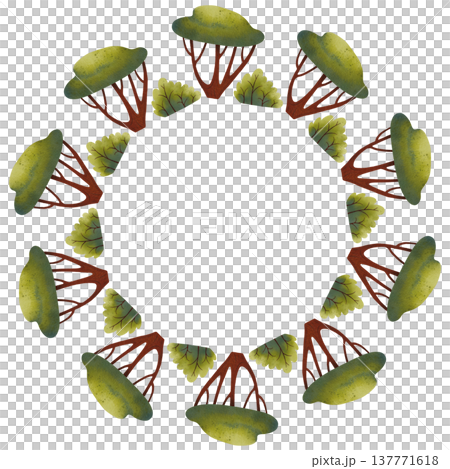 Round frame with green trees and shrubs. Hand drawn watercolor illustration of lush foliage. Round frame with green trees and shrubs. Hand drawn watercolor illustration of lush foliage. 137771618
