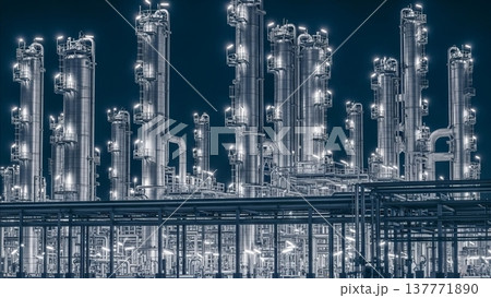 Industrial petrochemical refinery complex with illuminated distillation towers and processing units at night Industrial petrochemical refinery complex with illuminated distillation towers and processing units at night 137771890
