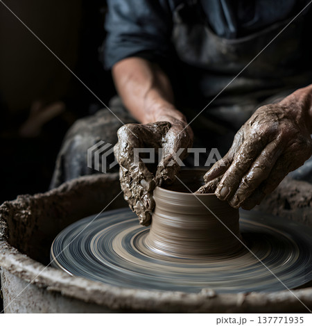 陶芸工房でろくろを使って粘土を成形する陶芸家の手 137771935