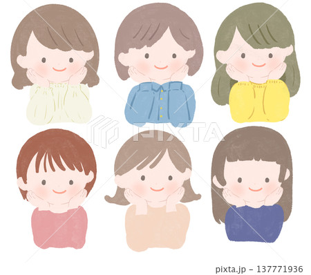 笑顔の若い女性の顔のイラストセット 137771936