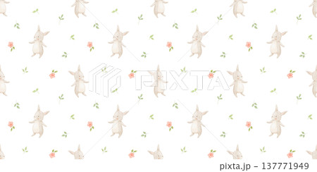 Seamless pattern with cute bunny and spring tiny flowers for nursery decor, and newborn fabric, hand drawn small illustrations 137771949