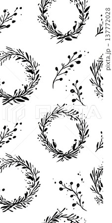 Seamless pattern with black botanical wreaths and branches. Abstract illustration presenting a repeating design of natural elements on a white background 137772028