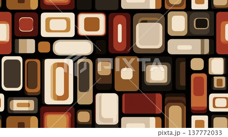 Retro brown geometric pattern with rounded rectangles. Abstract seamless pattern featuring various sized rounded rectangles in warm earthy tones on a black background Retro brown geometric pattern with rounded rectangles. Abstract seamless pattern featuring various sized rounded rectangles in warm earthy tones on a black background 137772033
