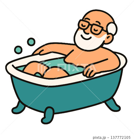 Elderly man relaxing in bathtub, smiling, enjoying warm water, cartoon style, self care Elderly man relaxing in bathtub, smiling, enjoying warm water, cartoon style, self care 137772105