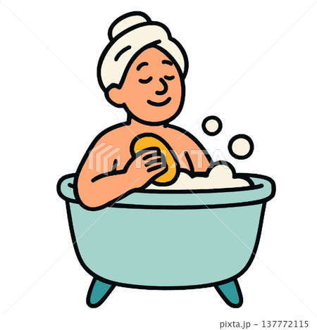 Woman towel bathtub sponge foam relaxing bathing hygiene self care Woman towel bathtub sponge foam relaxing bathing hygiene self care 137772115