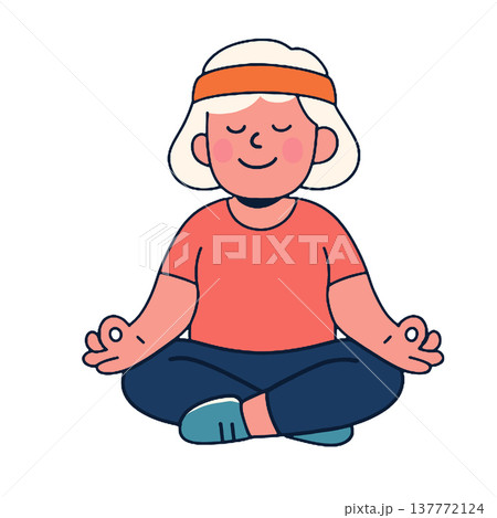 Elderly woman meditating, sitting cross legged, smiling, relaxed, peaceful, cartoon style 137772124