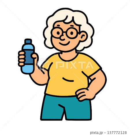 Elderly woman, glasses, yellow shirt, holding water bottle, smiling, cartoon style 137772128
