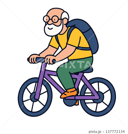 Elderly man bicycle backpack glasses green pants orange shoes active lifestyle cartoon 137772134