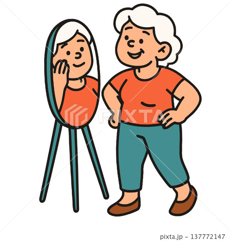 Elderly woman smiling, standing in front of mirror, casual clothing, cheerful mood 137772147