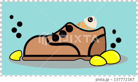 Fish skeleton stuck inside abandoned shoe underwater with bubbles and stones showing ocean pollution concept 137772167