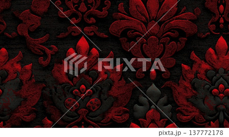 Dark red damask pattern on black background. Ornate gothic floral pattern creating a luxurious vintage texture Dark red damask pattern on black background. Ornate gothic floral pattern creating a luxurious vintage texture 137772178
