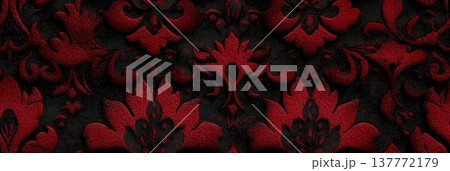 Dark red damask pattern on black background. Ornate gothic floral pattern creating a luxurious vintage texture 137772179
