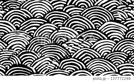 Japanese ripple pattern with hand drawn waves. Black and white seamless pattern forming abstract ripples or ocean waves Japanese ripple pattern with hand drawn waves. Black and white seamless pattern forming abstract ripples or ocean waves 137772298