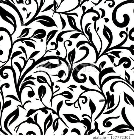 Swirling vine leaf pattern black white seamless design. Intricate swirling vine leaves creating an elegant botanical continuous pattern Swirling vine leaf pattern black white seamless design. Intricate swirling vine leaves creating an elegant botanical continuous pattern 137772301